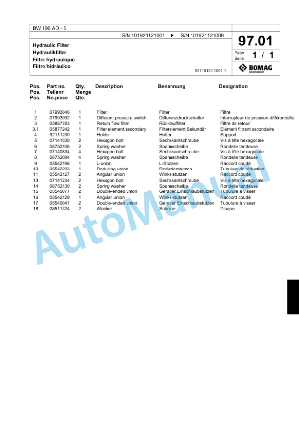 Bomag BW 190 AD-5 Tandem Vibratory Roller Spare Parts Catalogue 00824361-3