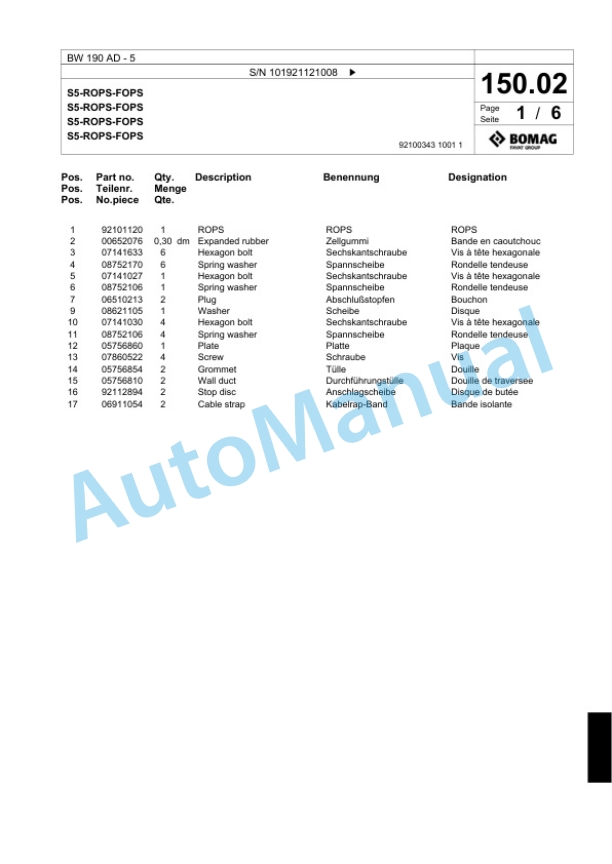 Bomag BW 190 AD-5 Tandem Vibratory Roller Spare Parts Catalogue 00824361-4