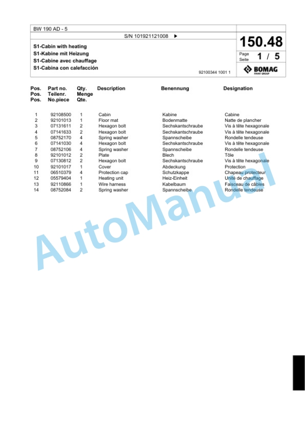 Bomag BW 190 AD-5 Tandem Vibratory Roller Spare Parts Catalogue 00824361-5