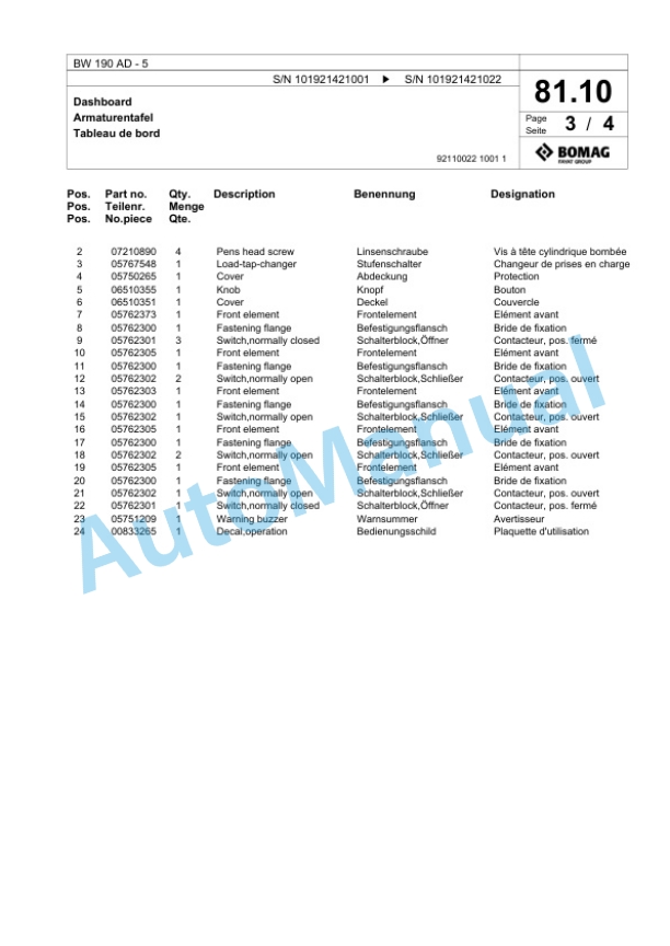 Bomag BW 190 AD-5 Tandem Vibratory Roller Spare Parts Catalogue 00824651-2