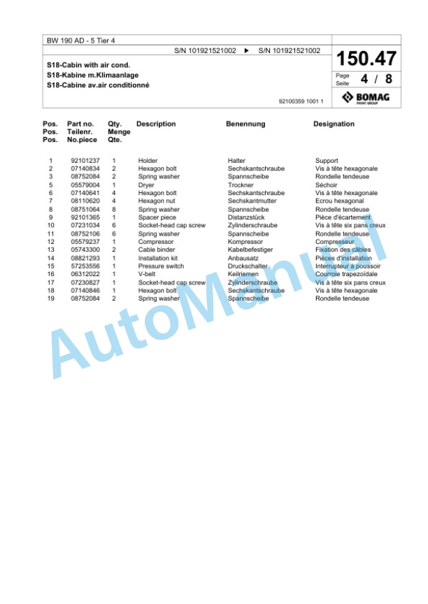Bomag BW 190 AD-5 Tier 4 Tandem Vibratory Roller Spare Parts Catalogue 00824603-4