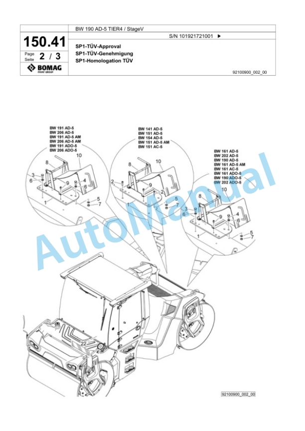 Bomag BW 190 AD-5 TIER4 - StageV Tandem Vibratory Roller Spare Parts Catalogue 00825631-3