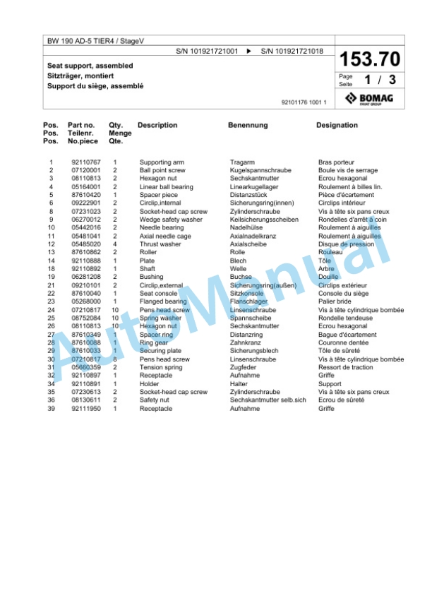 Bomag BW 190 AD-5 TIER4 - StageV Tandem Vibratory Roller Spare Parts Catalogue 00825631-4