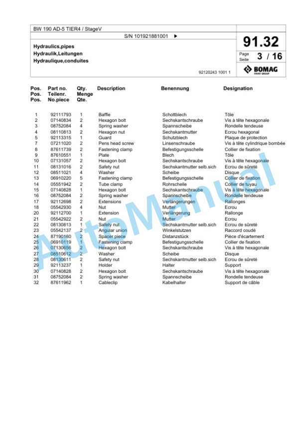 Bomag BW 190 AD-5 TIER4 - StageV Tandem Vibratory Roller Spare Parts Catalogue 00826595-2