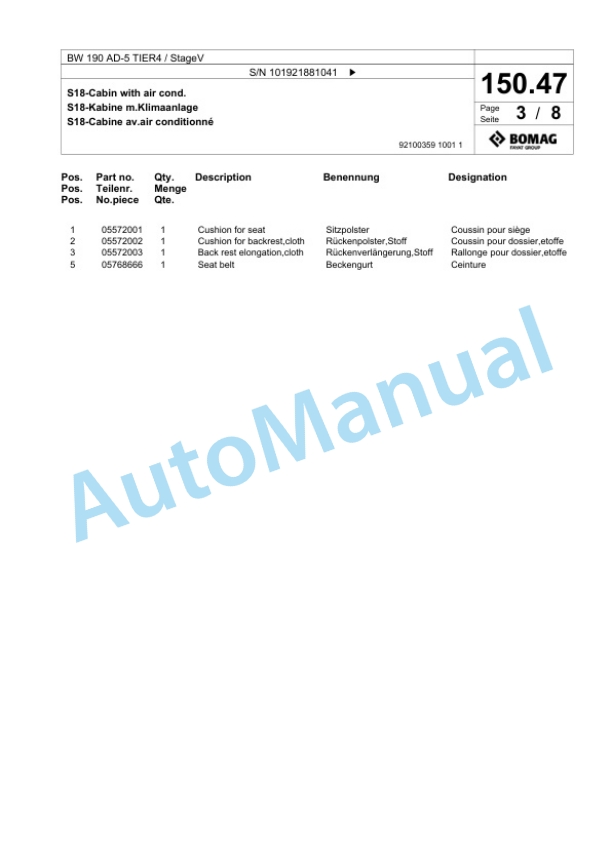 Bomag BW 190 AD-5 TIER4 - StageV Tandem Vibratory Roller Spare Parts Catalogue 00826595-3