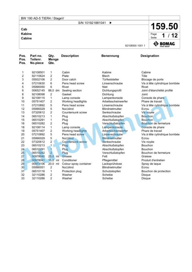 Bomag BW 190 AD-5 TIER4 - StageV Tandem Vibratory Roller Spare Parts Catalogue 00826595-5