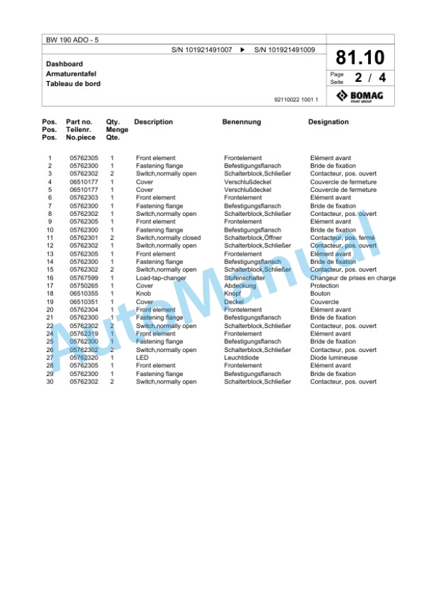 Bomag BW 190 ADO-5 Tandem Vibratory Roller Spare Parts Catalogue 00824661-2