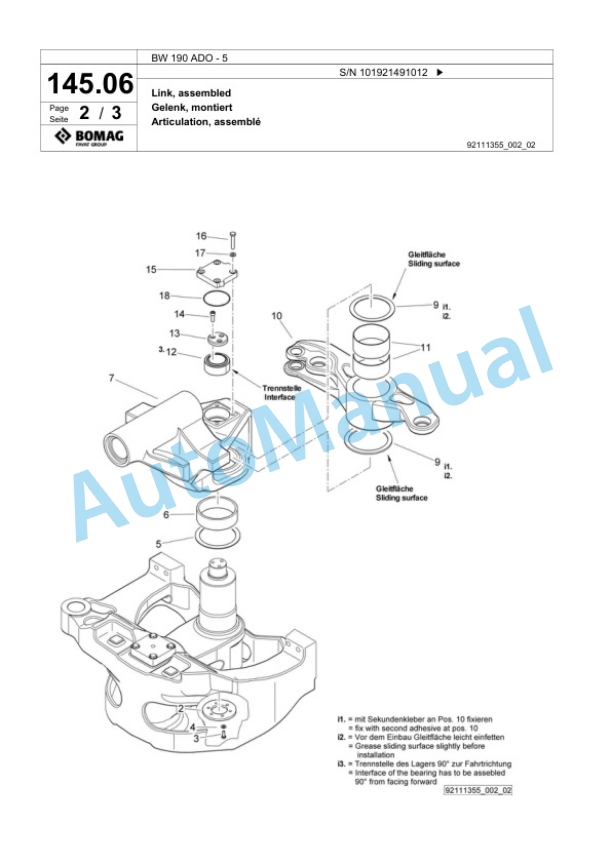 Bomag BW 190 ADO-5 Tandem Vibratory Roller Spare Parts Catalogue 00824661-3