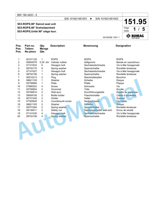 Bomag BW 190 ADO-5 Tandem Vibratory Roller Spare Parts Catalogue 00824661-4
