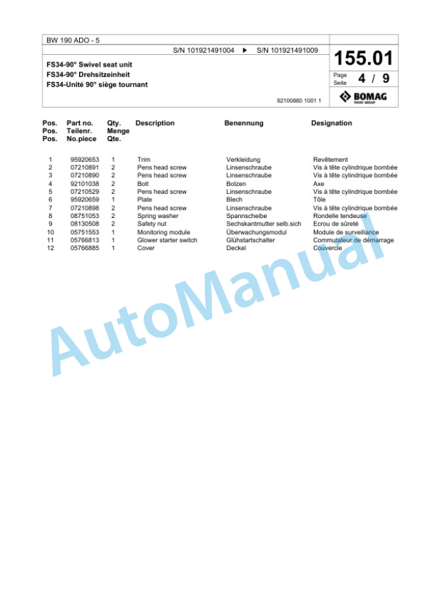 Bomag BW 190 ADO-5 Tandem Vibratory Roller Spare Parts Catalogue 00824661-5