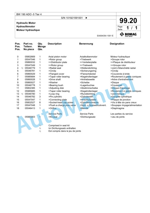Bomag BW 190 ADO-5 Tier 4 Tandem Vibratory Roller Spare Parts Catalogue 00824949-3
