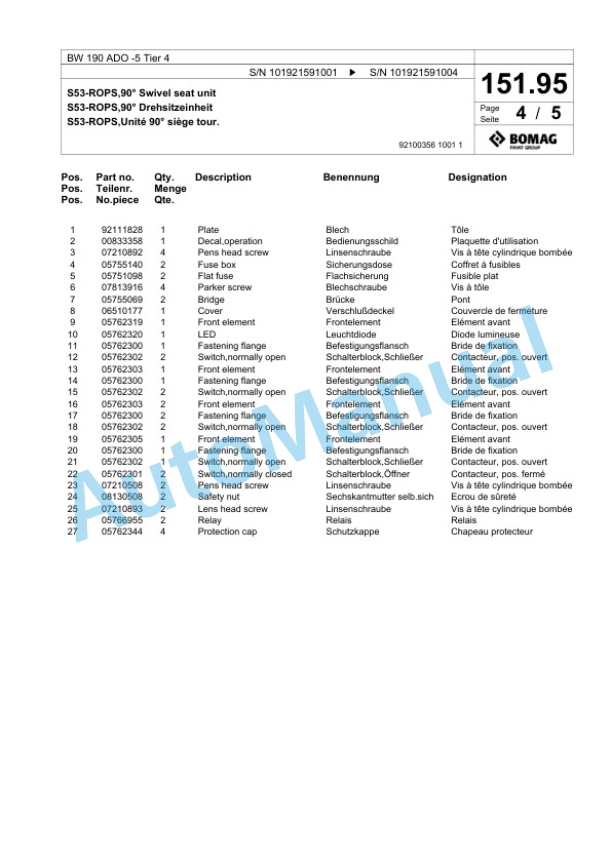 Bomag BW 190 ADO-5 Tier 4 Tandem Vibratory Roller Spare Parts Catalogue 00824949-5