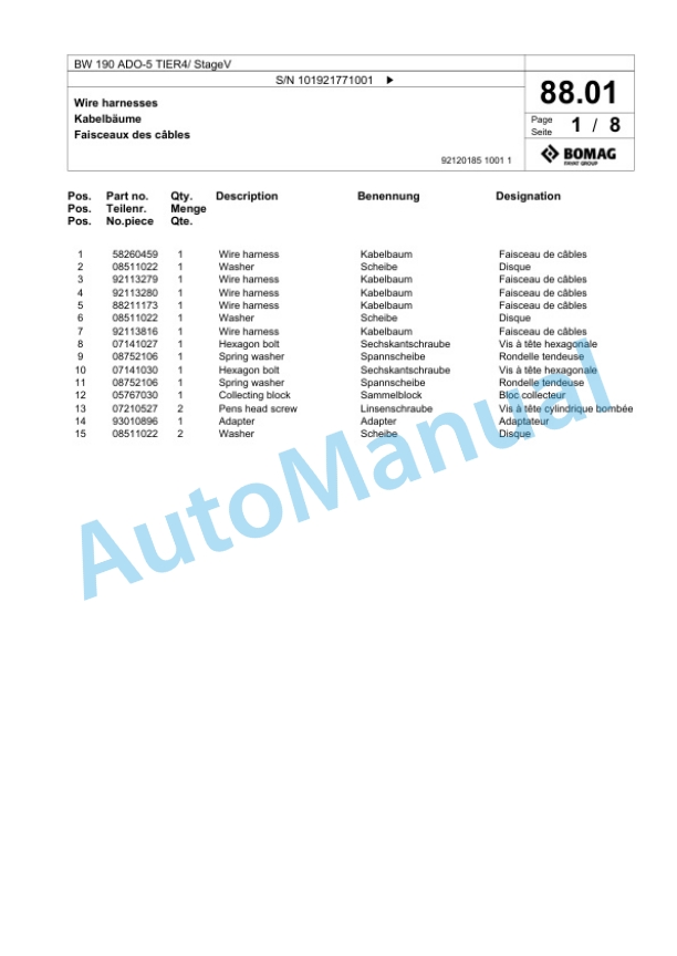 Bomag BW 190 ADO-5 TIER4 - StageV Tandem Vibratory Roller Spare Parts Catalogue 00825641-2