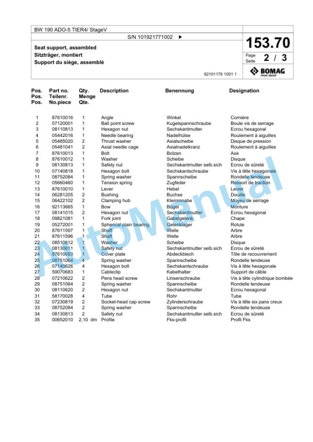 Bomag BW 190 ADO-5 TIER4 - StageV Tandem Vibratory Roller Spare Parts Catalogue 00825641-4