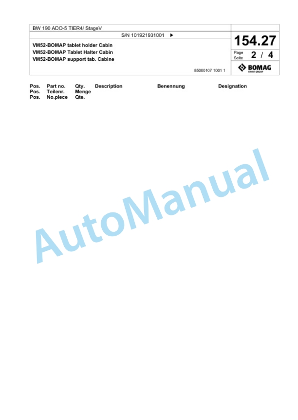 Bomag BW 190 ADO-5 TIER4 - StageV Tandem Vibratory Roller Spare Parts Catalogue 00826597-5