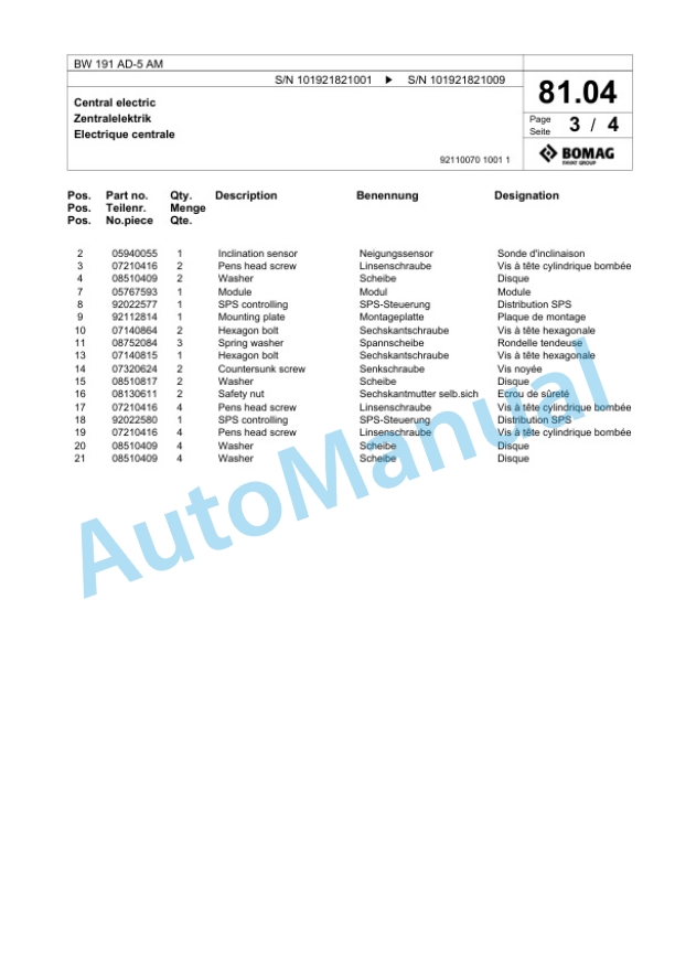 Bomag BW 191 AD-5 AM Tandem Vibratory Roller Spare Parts Catalogue 00825969-2