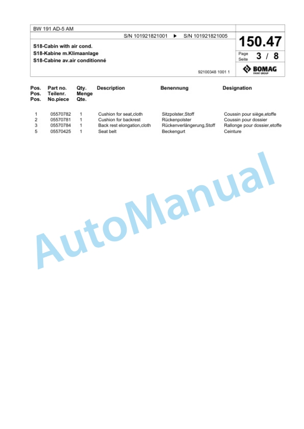 Bomag BW 191 AD-5 AM Tandem Vibratory Roller Spare Parts Catalogue 00825969-4