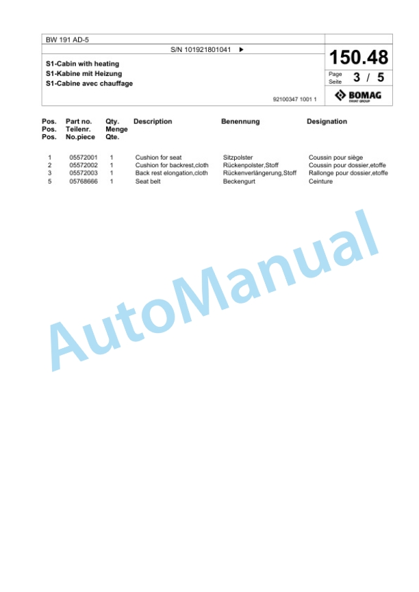 Bomag BW 191 AD-5 Tandem Vibratory Roller Spare Parts Catalogue 00825965-3