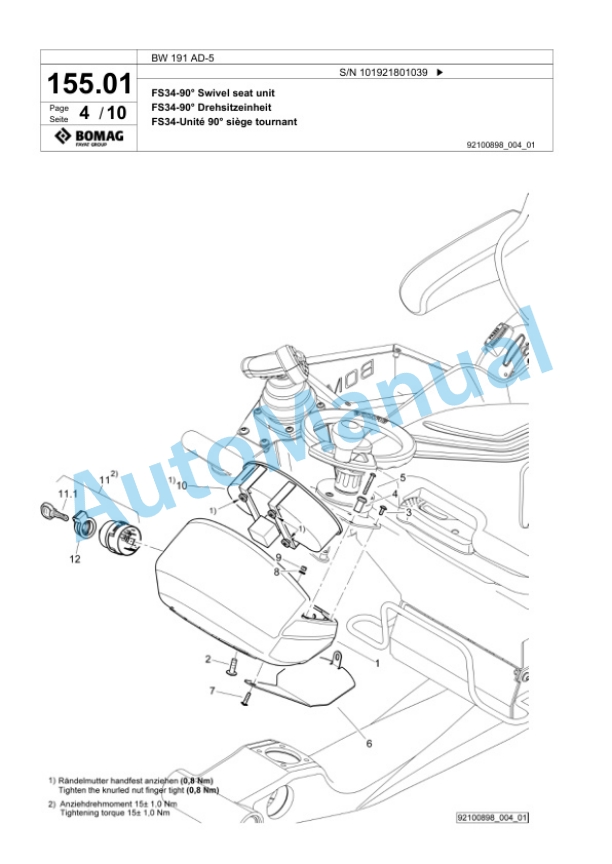 Bomag BW 191 AD-5 Tandem Vibratory Roller Spare Parts Catalogue 00825965-4