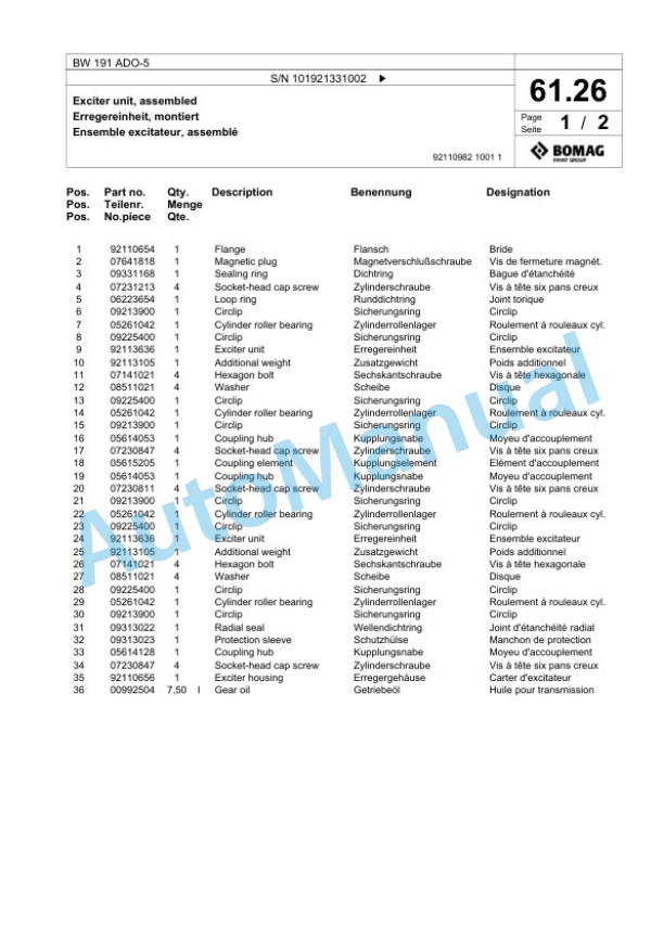 Bomag BW 191 ADO-5 Tandem Vibratory Roller Spare Parts Catalogue 00824599-2