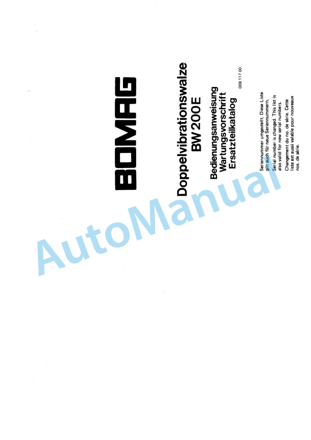 Bomag BW 200E Double Vibratory Roller Spare Parts Catalogue 00811700 GE