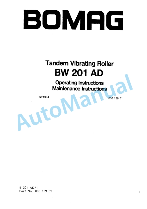 Bomag BW 201 AD Tandem Vibratory Roller Spare Parts Catalogue 00812951