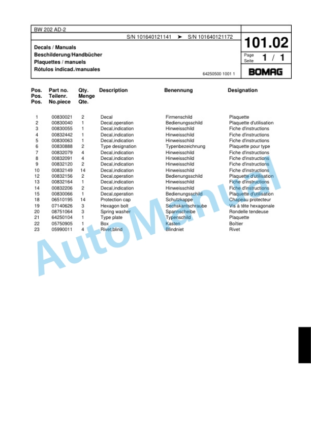 Bomag BW 202 AD-2 Tandem Vibratory Roller Spare Parts Catalogue 00817516-4