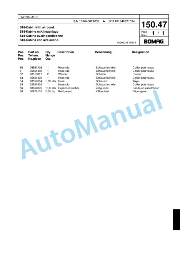 Bomag BW 202 AD-2 Tandem Vibratory Roller Spare Parts Catalogue 00817517-5
