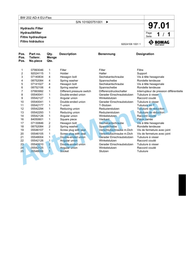 Bomag BW 202 AD-4 EU-Flex Tandem Vibratory Roller Spare Parts Catalogue 00824395-3