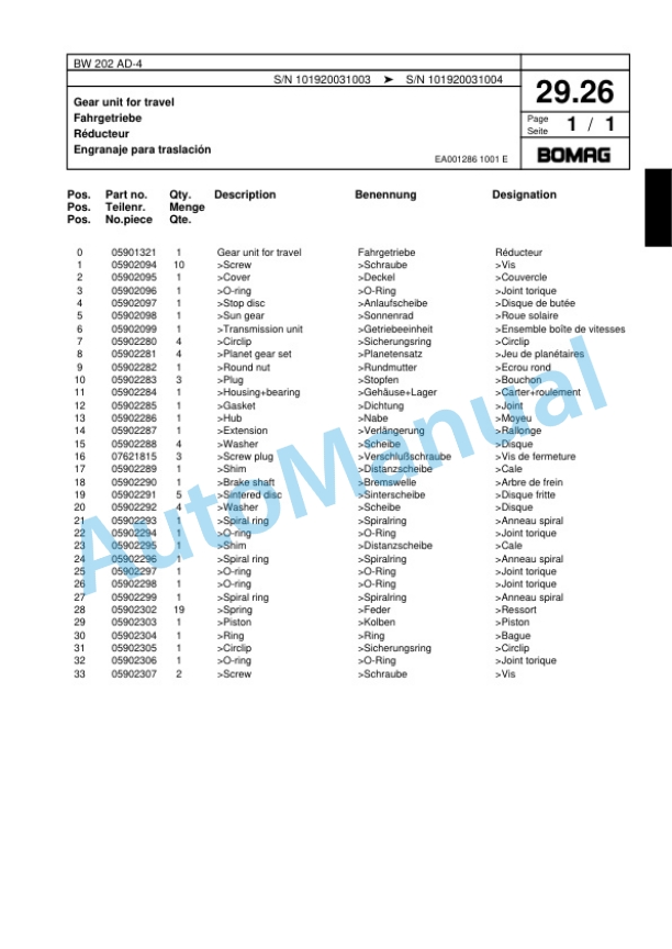 Bomag BW 202 AD-4 Tandem Vibratory Roller Spare Parts Catalogue 00817642-2