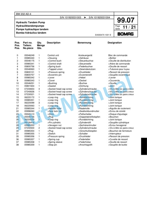 Bomag BW 202 AD-4 Tandem Vibratory Roller Spare Parts Catalogue 00817642-4