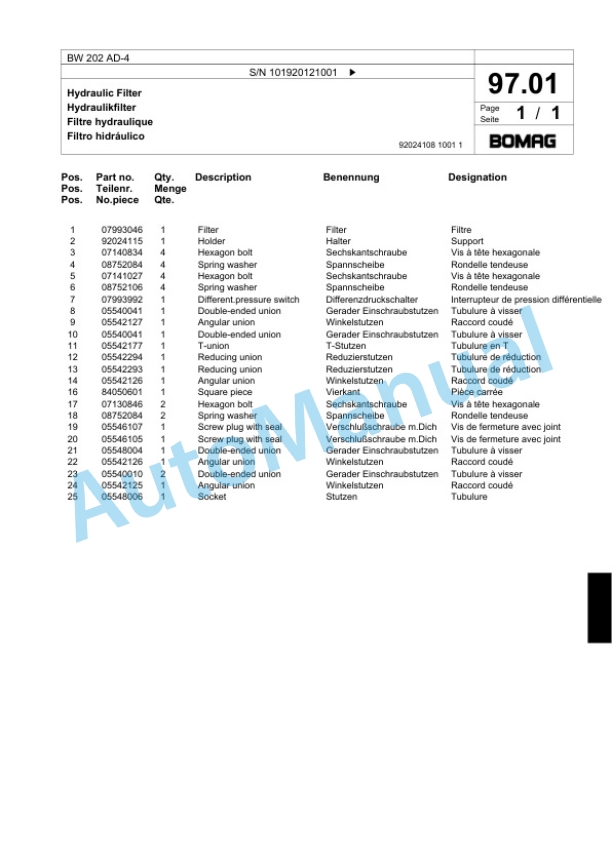 Bomag BW 202 AD-4 Tandem Vibratory Roller Spare Parts Catalogue 00818381-3