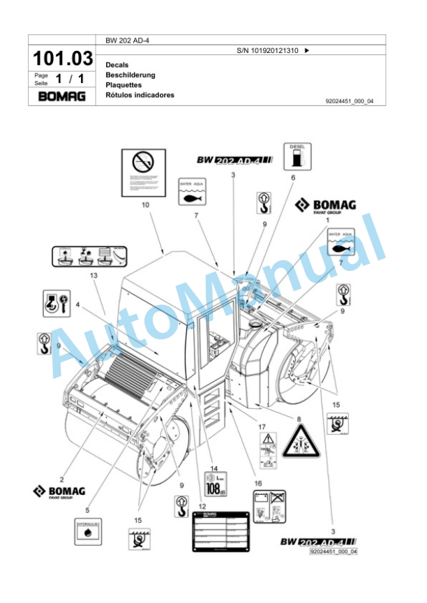 Bomag BW 202 AD-4 Tandem Vibratory Roller Spare Parts Catalogue 00824005-4
