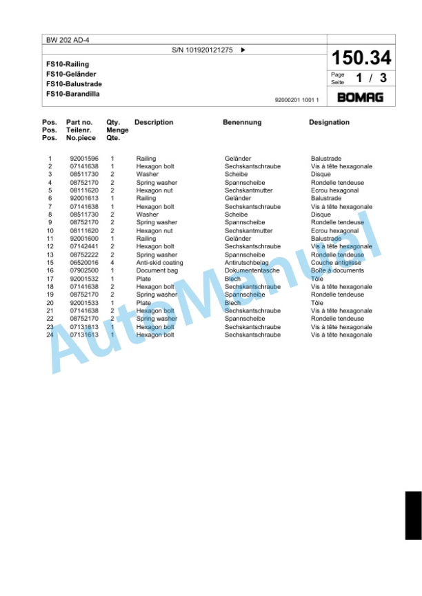 Bomag BW 202 AD-4 Tandem Vibratory Roller Spare Parts Catalogue 00824005-5