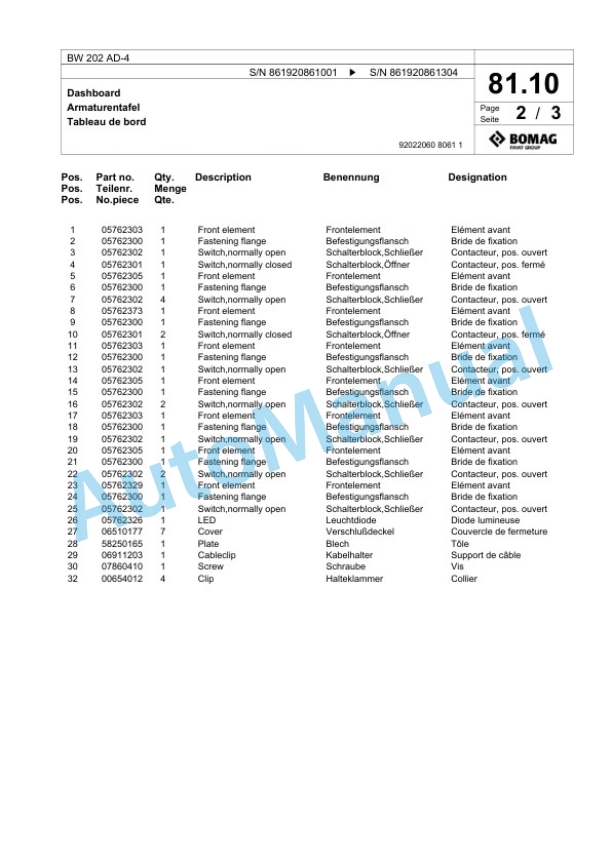 Bomag BW 202 AD-4 Tandem Vibratory Roller Spare Parts Catalogue 00824737-2