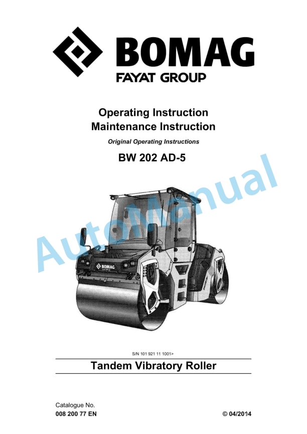 Bomag BW 202 AD-5 Tandem Vibratory Roller Operating and Maintenance Instructions 00820077