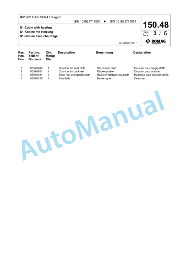 Bomag BW 202 AD-5 TIER4 - StageV Tandem Vibratory Roller Spare Parts Catalogue 00825629-4
