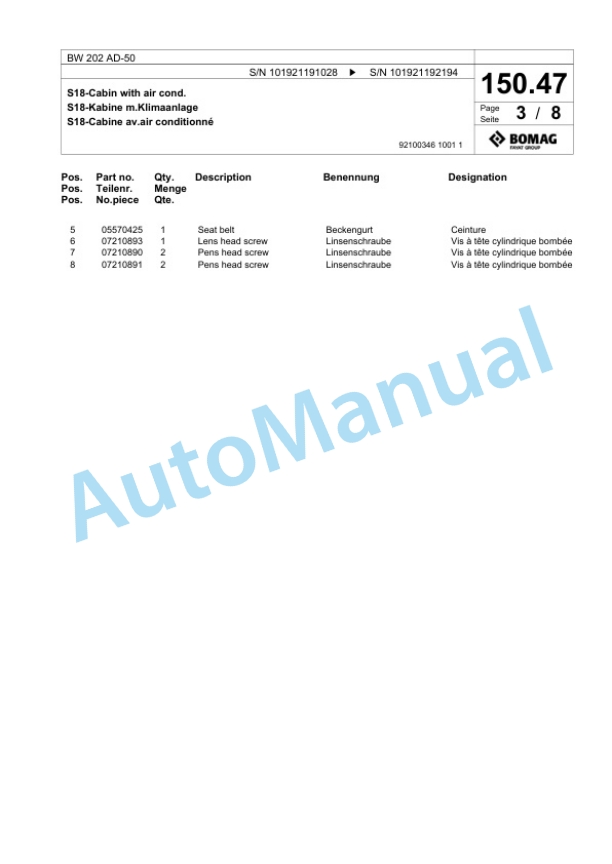 Bomag BW 202 AD-50 Tandem Vibratory Roller Spare Parts Catalogue 00824113-4