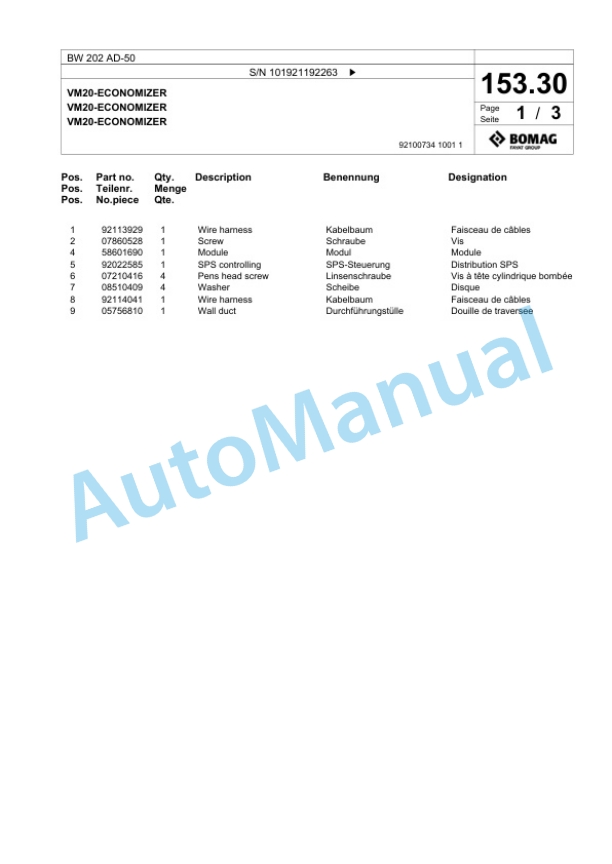 Bomag BW 202 AD-50 Tandem Vibratory Roller Spare Parts Catalogue 00824113-5