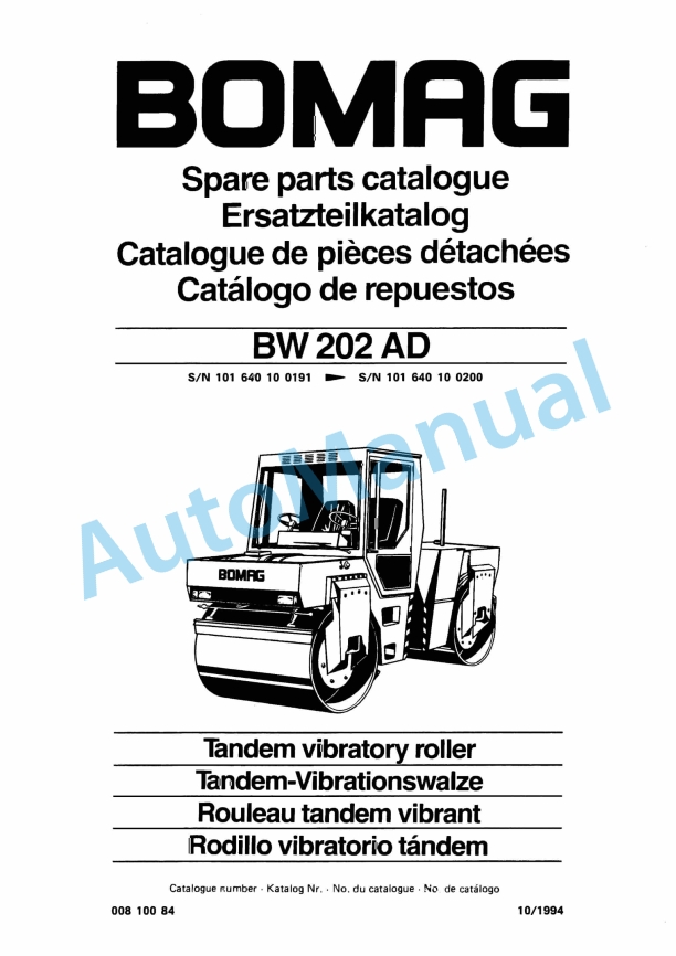 Bomag BW 202 AD Tandem Vibratory Roller Spare Parts Catalogue 00810084