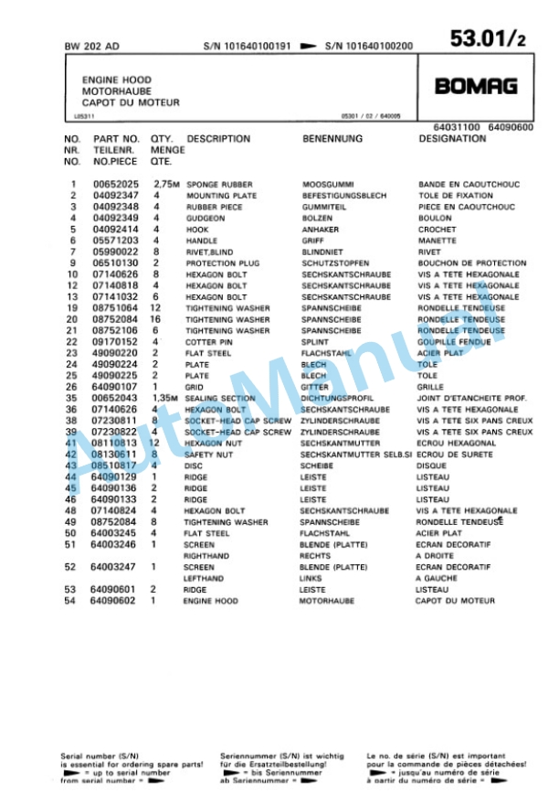 Bomag BW 202 AD Tandem Vibratory Roller Spare Parts Catalogue 00810084-3