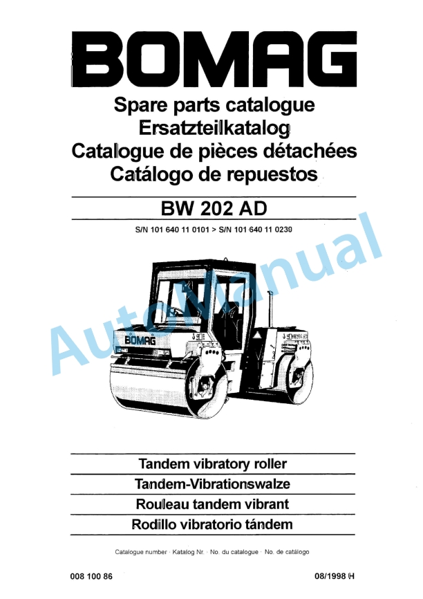 Bomag BW 202 AD Tandem Vibratory Roller Spare Parts Catalogue 00810086