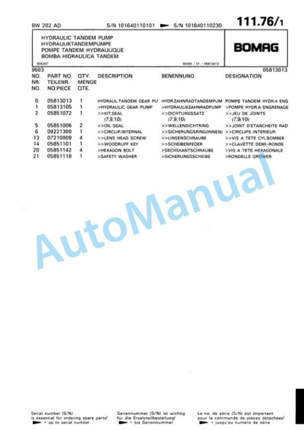 Bomag BW 202 AD Tandem Vibratory Roller Spare Parts Catalogue 00810086-4