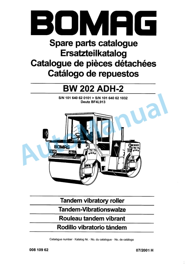 Bomag BW 202 ADH-2 Tandem Vibratory Roller Spare Parts Catalogue 00810962