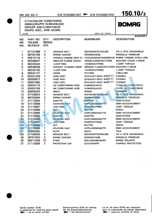 Bomag BW 202 ADH-2 Tandem Vibratory Roller Spare Parts Catalogue 00810962-5