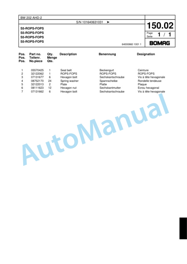 Bomag BW 202 ADH-2 Tandem Vibratory Roller Spare Parts Catalogue 00817518-4
