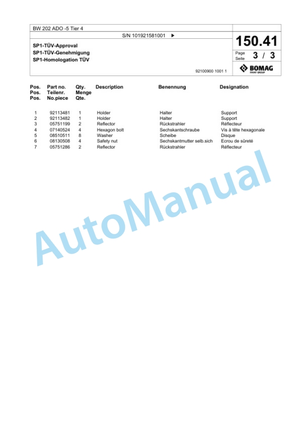Bomag BW 202 ADO-5 Tier 4 Tandem Vibratory Roller Spare Parts Catalogue 00824953-5