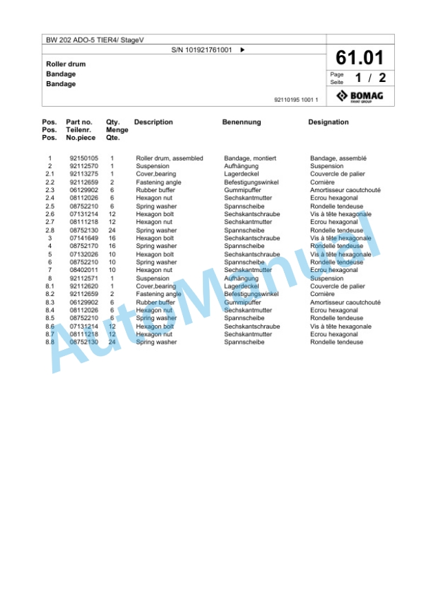 Bomag BW 202 ADO-5 TIER4 - StageV Tandem Vibratory Roller Spare Parts Catalogue 00825639-2