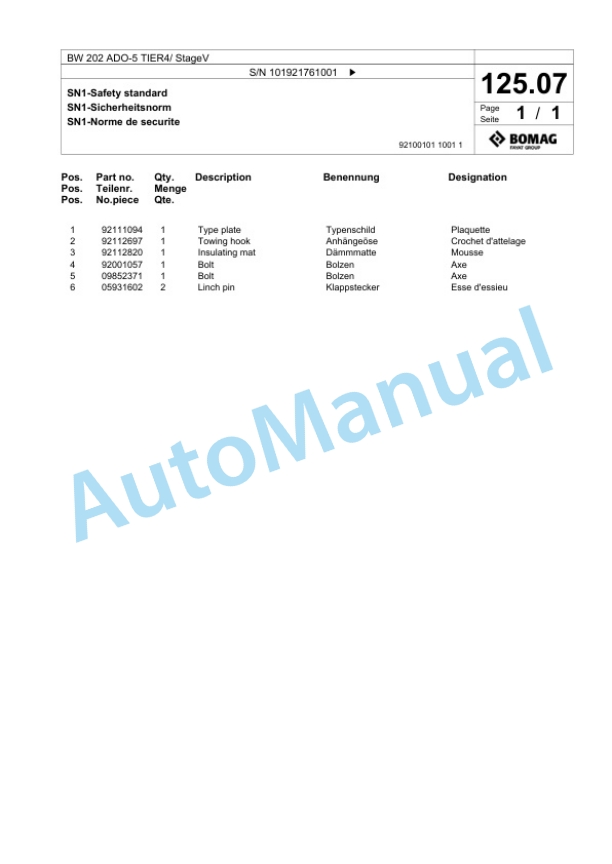 Bomag BW 202 ADO-5 TIER4 - StageV Tandem Vibratory Roller Spare Parts Catalogue 00825639-4