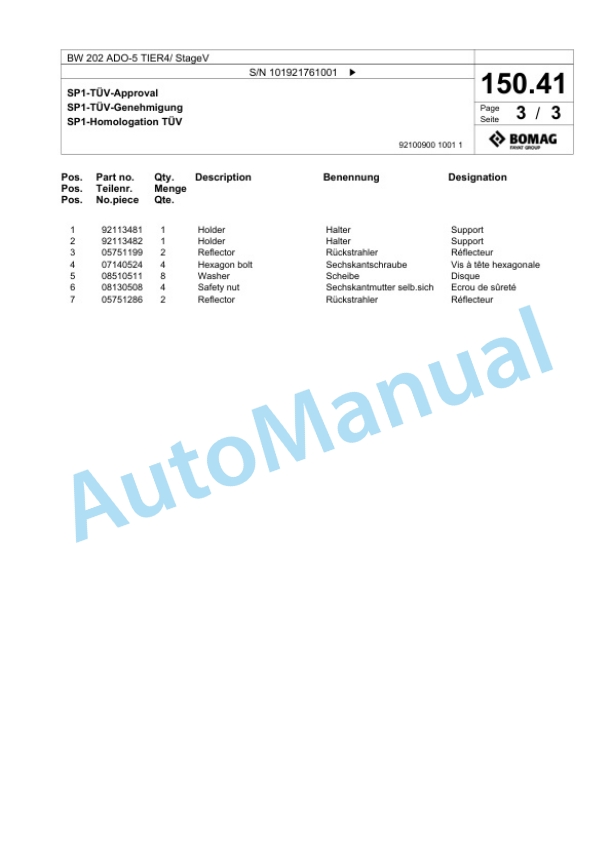 Bomag BW 202 ADO-5 TIER4 - StageV Tandem Vibratory Roller Spare Parts Catalogue 00825639-5